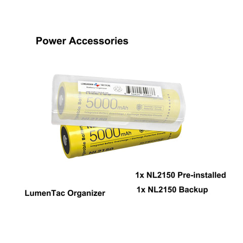 MH12V2 Plus NL2150 1200 Lumen USB Rechargeable Tactical Flashlight LumenTac Organizer showing NL2150 backup battery
