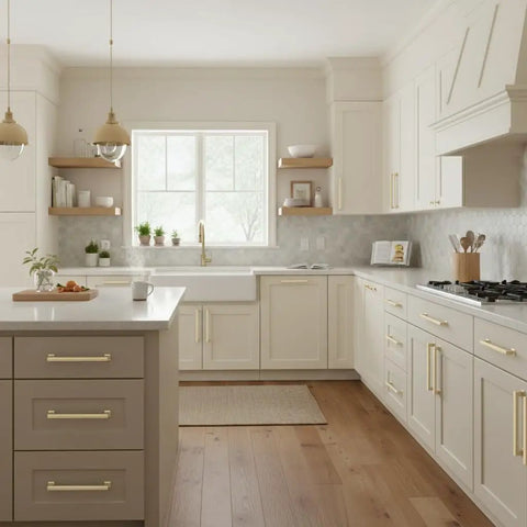 Straight Fire Brushed Gold Cabinet Pulls And Drawer Handles Six Pack Seriously Heavy Duty Metal For Kitchen Cupboards And Closets No Sweat Install Classic Americana Edge in a modern kitchen.