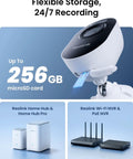Lumus 2K Wireless Outdoor Security Camera With Spotlight Color Night Vision Upgraded 4MP Dual Band WiFi Plug In Camera shown with storage options including 256GB microSD, Home Hub, and NVR devices.