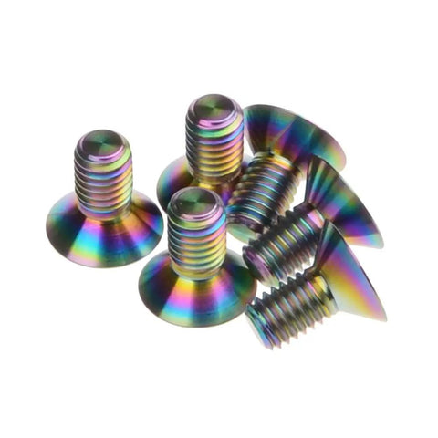 Top Shelf Gr5 Titanium Bolts M5 X 10 mm Hex Socket Countersunk Head 6 Piece Rainbow Finish lightweight fasteners displayed.