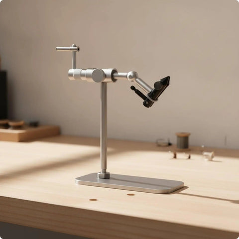 Adjustable Head Fly Tying Vise For Precision Hook Holding Clamp On Rotating Bench Tool Dope Metal Vise For Fly Fishing Tying Durable Silver Finish Sturdy Desk Top Vise on wooden desk