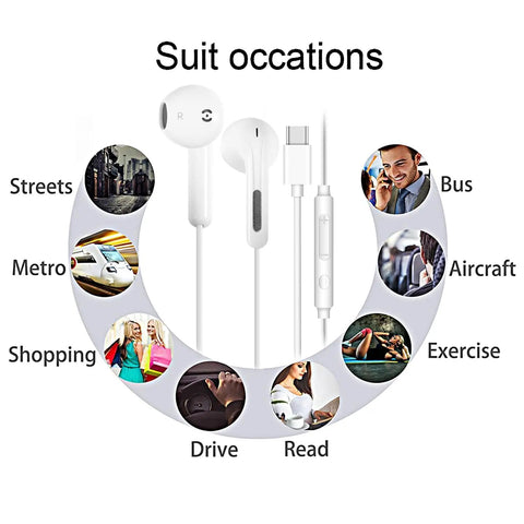 Two Pack USB C Headphones With Microphone And Volume Control, wired earbuds shown with usage in streets, bus, metro, aircraft.