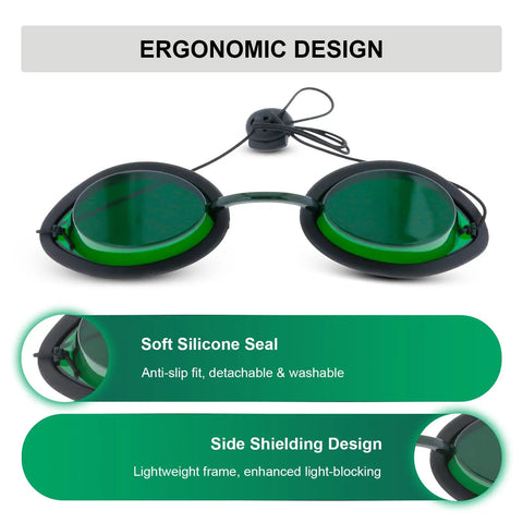 Tough As Nails Safety Goggles For IPL Laser LED And UV Treatments with soft silicone seal and stylish green lenses.