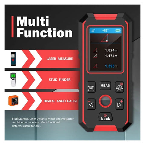 Pro Boss 3 In 1 Stud Finder Wall Scanner And Laser Distance Measure With Electronic Sensor showing LCD display and controls.