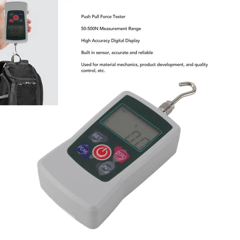 Hella Accurate Mini Digital Force Gauge Featuring 50 Up To 500N Measurement Range, handheld, digital display, portable tension testing device.