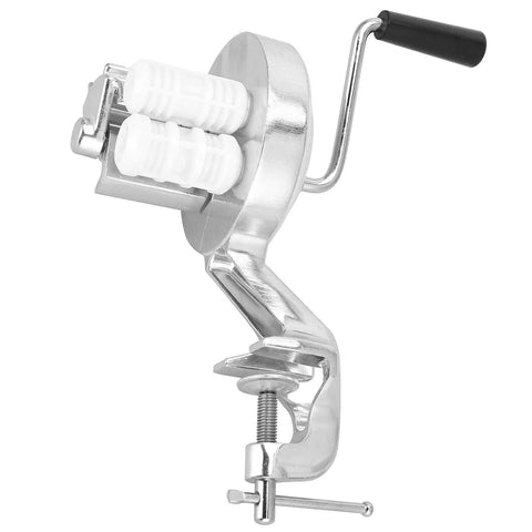 Stainless Steel Hand Pressed Macaroni Machine For Fresh Homemade Pasta With Slick Ergonomic Handles And No Sweat Manual Noodle Press For Busy Household Kitchens side view with clamp and handle