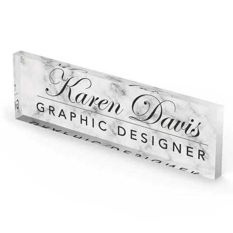 Personalized Desk Name Plate With White Marble Look On Clear Acrylic, Custom Name And Title, Engraved Office Sign
