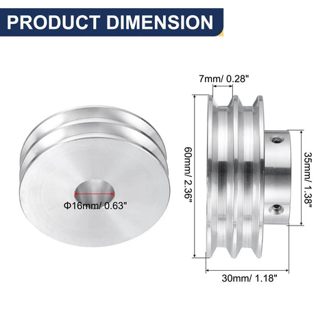 Heavy Duty Double Groove V Pulley With 16mm Bore And 60mm Outer Diameter Aluminum Alloy Transmission Wheel dimensions shown from front and side views.