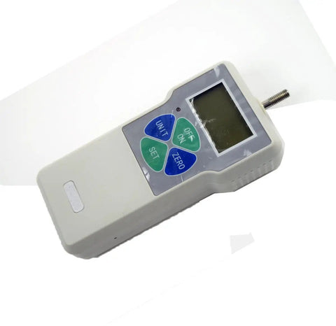 Handheld Digital Force Gauge Push Pull Tester Meter with digital display and buttons, compact design for easy use in DIY tasks.