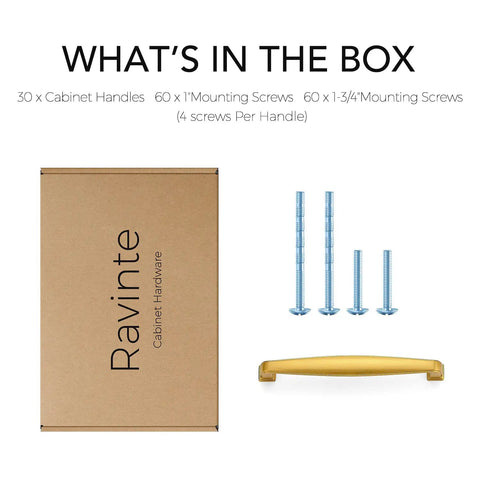 A Must Have Hella Sturdy Brushed Brass Cabinet Handles And Pulls With 5 Inch Center To Center Spacing For Kitchens And Drawers Features A Clean Look And Comes In A 30 Pack Bulk Set with screws in the box.