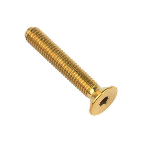 Premium Gr5 Titanium Countersunk Flat Head Bolts M5 X 30Mm Sweet Gold Finish Hex Allen Drive, side view showing threading.
