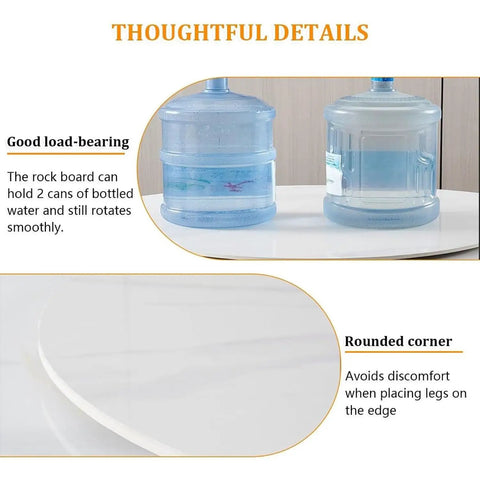 Hella Durable 40 Inch Lazy Susan Rotating Serving Tray Cut From Thick Sintered Stone With A Smooth As Butter 360 Swivel Design showing water bottles on smooth surface.