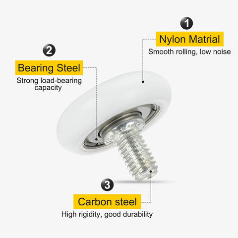 Badass Pa66 Nylon Drawer Rollers With M6 Thread Studs, white nylon wheel, bearing steel, strong durability, for cabinet glide action.
