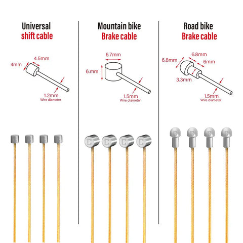 Diagrams showing universal shift cable and mountain and road bike brake cables above gold Polished Bike Shifter Cable for Shimano and SRAM.