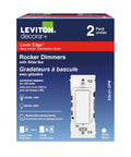 Smooth Ride Rocker Dimmer Switch For LEDs And Incandescents 150 Watt Single Pole Or Three Way Two Pack White packaging view.