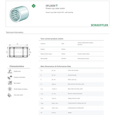 High Strength One Way Needle Roller Clutch Bearing Hfl2026L564 20X26X26Mm technical specifications and dimensions.