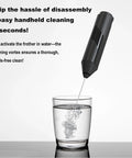 Handheld Milk Frother With Cover, 15 Second Silent Drink Mixer cleaning in glass of water for easy maintenance