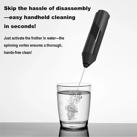 Handheld Milk Frother With Cover, 15 Second Silent Drink Mixer cleaning in glass of water for easy maintenance