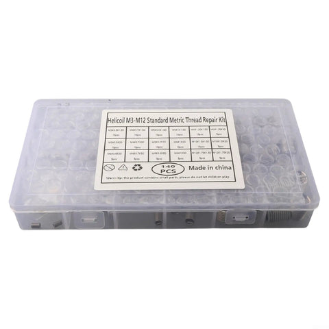 140 Piece Metric Thread Repair Kit M3 To M12 Stainless Steel Helicoil Set box with clear lid and labeling visible