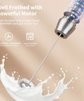Rechargeable Milk Frother With 3 Heads, USB C Handheld Foam Maker, Waterproof Detachable Stainless Steel Whisk in operation.