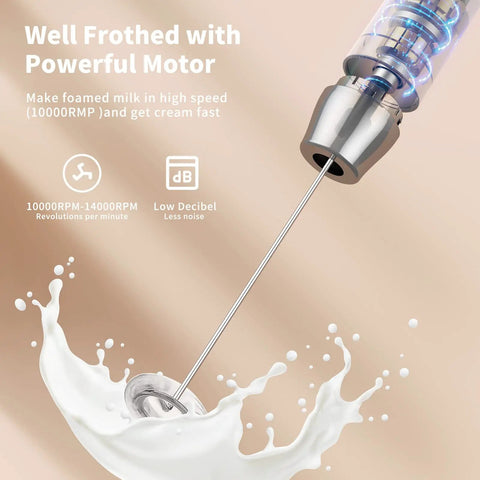 Rechargeable Milk Frother With 3 Heads, USB C Handheld Foam Maker, Waterproof Detachable Stainless Steel Whisk in operation.