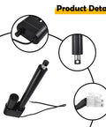 12 Inch Heavy Duty 12V Electric Linear Actuator With Potentiometer, black motor and stainless steel shaft details.