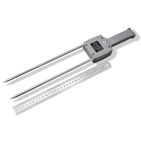 Portable Hay Moisture Meter With Backlit Digital Display ATC Compatible Instant Moisture Reading For Hay Bales shown next to a ruler