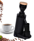 Slick Electric Coffee Bean Grinder Featuring Conical Burrs And Anti Static Guard with black finish and coffee cup.