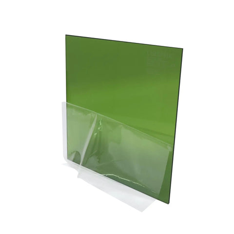 Top Shelf 12 X 12 X 0.2 Inch Laser Safety Window Panel Built Tough For Heavy Duty Fiber Lasers With Od6 Plus Od7 showing green tint.