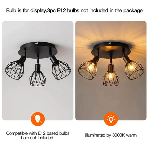 Three Light Ceiling Mount Kitchen Fixture With Multi Directional Rotating Black Iron Lamp Shades For Farmhouse Style Kitchens Dining Rooms Porches And Hallways E12 Bulb Not Included showing two views, illuminated and unlit.