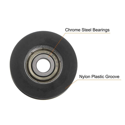 Built Tough U Groove Pulley With Nylon Coated Roller Bearing showing chrome steel bearings and nylon plastic groove for sliding doors.