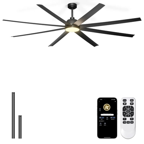 84 Inch Ceiling Fan With Lights Remote And App Control Black Beefy Industrial DC Motor for patios, warehouses, shops, garages