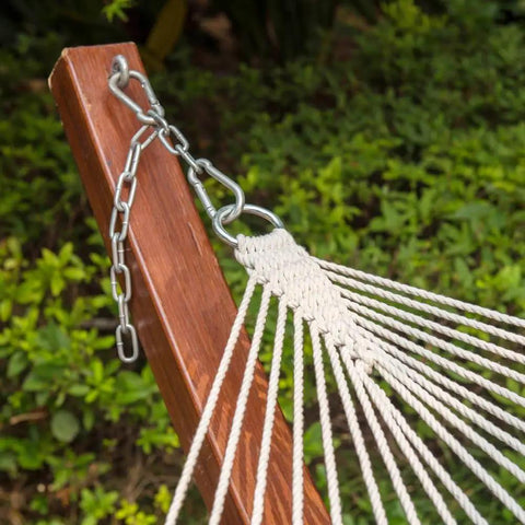 Chain linking Two Person 12 Ft Double Rope Hammock With Spreader Bar Hand Woven Cotton Outdoor Patio Hammock to wooden stand
