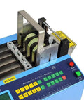 Close-up of Automatic Heat Shrink Tube And Cable Cutting Machine With Programmable Digital Controls cutting various materials.