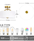 Diagram of 13 Inch Mid Century Modern Flush Mount Ceiling Light With Cream White Fabric Shade And Antique Brass Finish 3 Light Drum Fixture For Bedroom Dining Room Foyer And Kitchen; dimensions and bulb types specified.