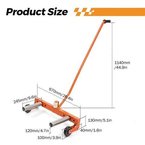 Heavy Duty Car Wheel Dolly With 330 Lb Capacity Smooth Rolling Tire Cart dimensions with measurements and adjustable handle.