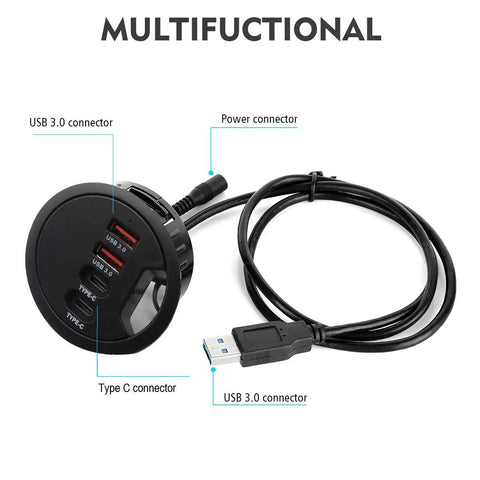 Fresh Desk Fit Grommet USB Hub Adapter With Two Type A Ports And Two Type C Connections For Blazing Five Gigabit Sync and cable connectors.