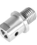 Close-up of lathe spindle adapter converts five eighths inch spindle to one inch by eight TPI threads for your woodworking lathe.