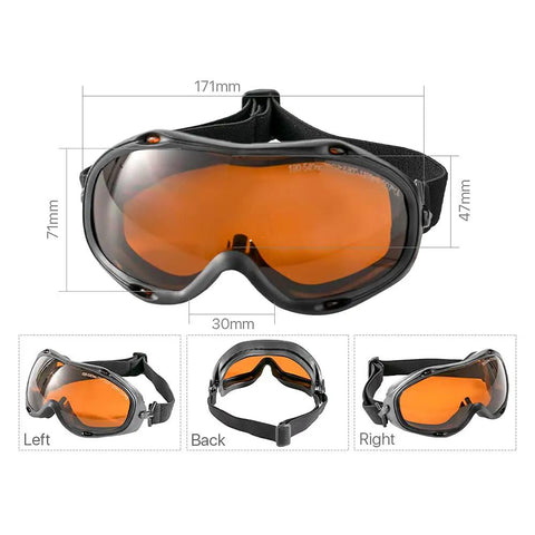 Heavy Duty Laser Safety Glasses And Protective Goggles Engineered For Fiber Handheld Welding Rigs With Hella Thick OD 7 Shields, front view and side angles.
