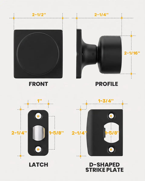 Solid Feel Black Interior Passage Door Knobs With Reversible Latch And Adjustable Fit Super Slick Finish Modern Hardware Set shown in profile view and dimensions.