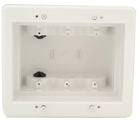 Recessed Three Gang Electrical Outlet Mounting Box With Paintable White Wall Plate For Low And High Voltage Wiring Ideal For Concealed Install Behind Furniture And Near Carpentry Keeps Plugs Flush And Out Of Sight For A Low Key Look