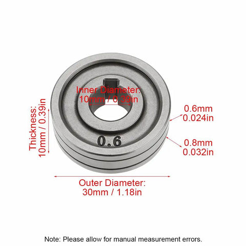 Tough As Nails Bearing Steel V Groove Drive Roller Runs Super Slick For Mig Mag Welders durable 0.6mm wire specs with measurements.