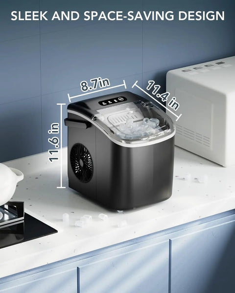 Dope Little Portable Countertop Ice Maker With Self Cleaning And Easy Carry Design in black on kitchen counter, dimensions shown.