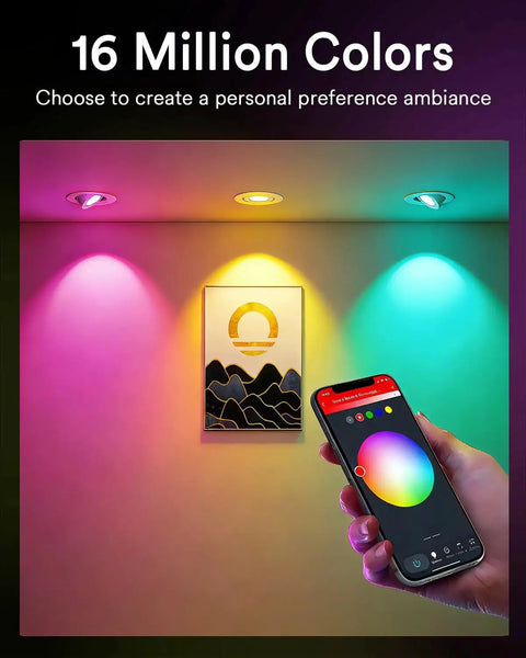 Lumary Smart Gimbal Recessed Lighting 4 Inch, Color Changing 40° Tilt, ETL with multiple colors illuminating a wall and smartphone control.