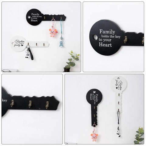 Old School Key Shaped Wall Mounted Coat Hooks Rack In Durable Black Oak Wood For Entryways And Closets Decorative Hanging Organizer That Brings Cool Retro Style And Keeps Your Gear Locked Down Tight No Tools Needed, displaying black and white key designs with keychains.