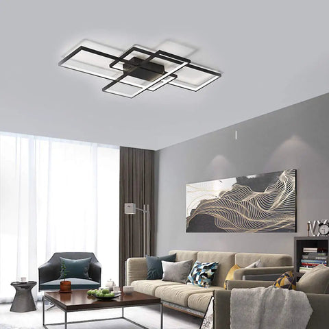 Three Square LED Ceiling Light 75W Modern Flush Mount Chandelier In Black Acrylic Cool White 6000K in a living room setting