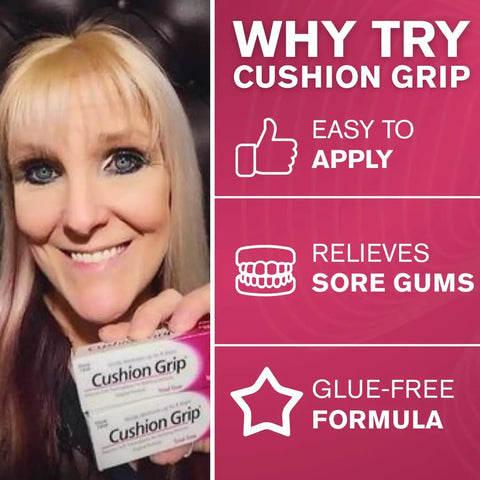 Person holding Cushion Grip boxes highlighting ease of application, sore gum relief, and glue-free formula.