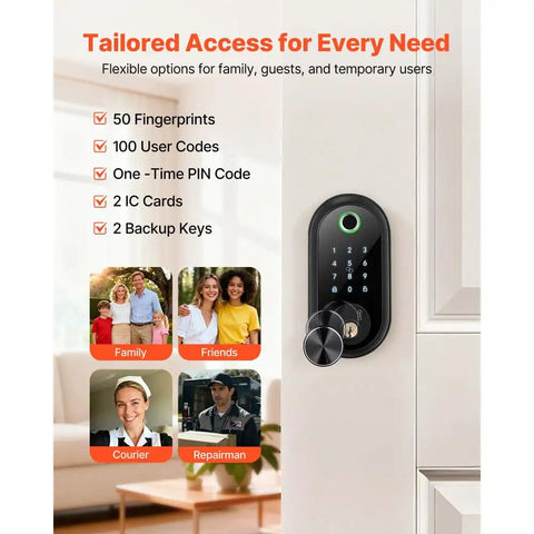 Premium Matte Black Smart Biometric Door Lock With Touchscreen Keyless Entry Featuring Boss Level Fingerprint Security And No Sweat Operation For Your Home Or Apartment with user options and key access.