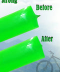 Before and after comparison of Bike Tire Liner Set for Mountain Bikes 2 Liners Puncture Protection to Stop Thorns Glass Nails and Debris From Penetrating the Tube Easy to Install Between Inner Tube and Tire Keeps Your Ride No More Flats and Saves You Money showing green liner segments.