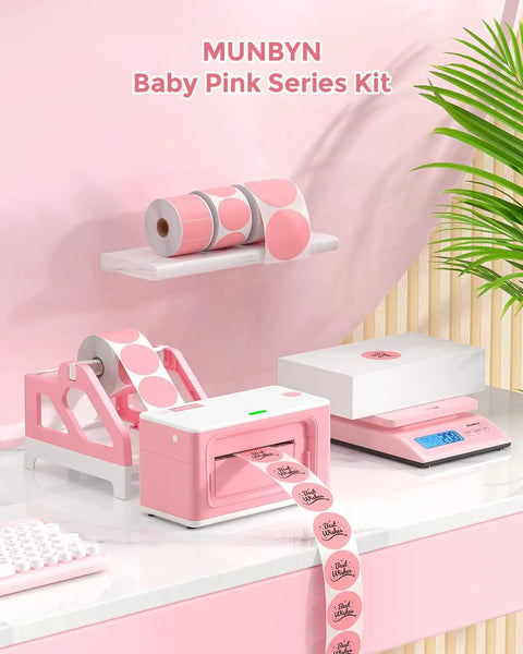 Heavy Hitter Universal Thermal Shipping Label Holder And Fan Fold Roll Organizer No Sweat Paper Dispenser Stand Pink, displaying label rolls and printer.